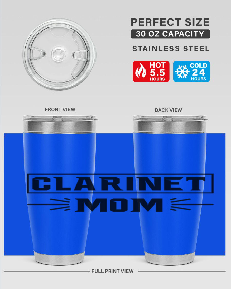 Clarinet Mom 20oz Tumbler featuring a stylish design, double wall vacuum insulation, and a drink-thru lid, perfect for music lovers.