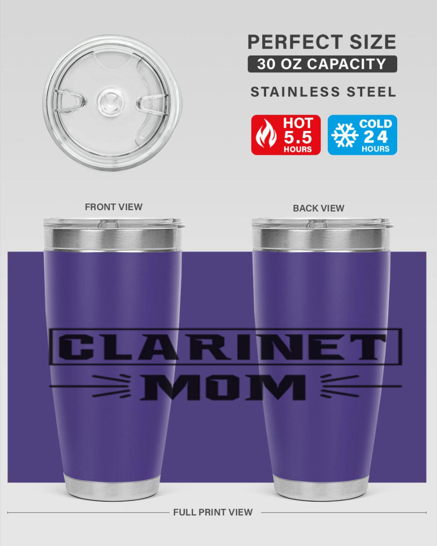 Clarinet Mom 20oz Tumbler featuring a stylish design, double wall vacuum insulation, and a drink-thru lid, perfect for music lovers.