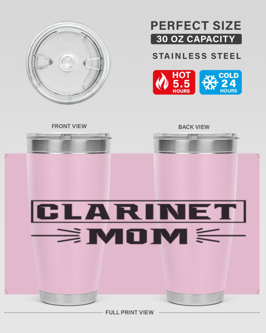 Clarinet Mom 20oz Tumbler featuring a stylish design, double wall vacuum insulation, and a drink-thru lid, perfect for music lovers.