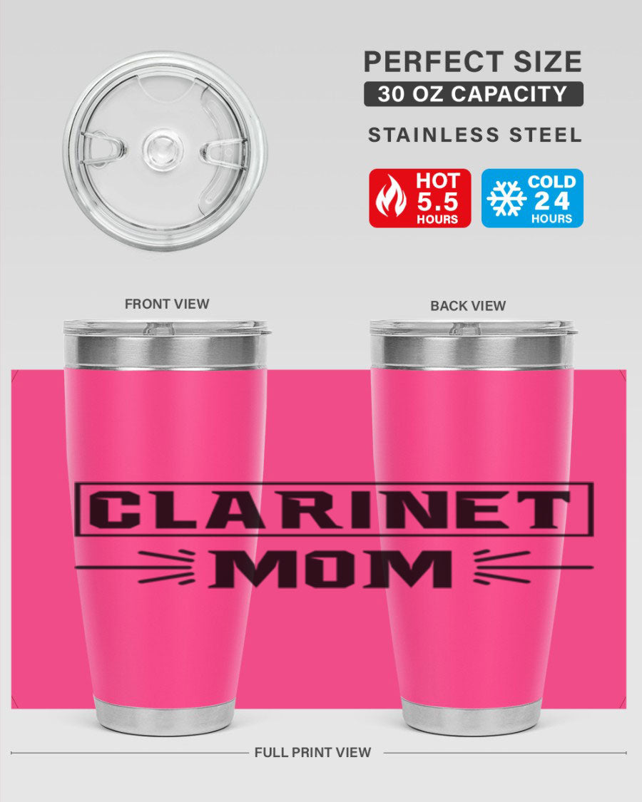Clarinet Mom 20oz Tumbler featuring a stylish design, double wall vacuum insulation, and a drink-thru lid, perfect for music lovers.