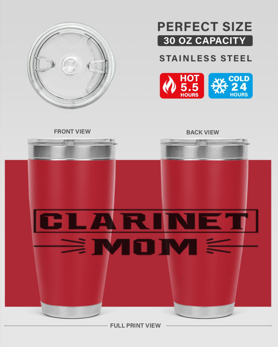 Clarinet Mom 20oz Tumbler featuring a stylish design, double wall vacuum insulation, and a drink-thru lid, perfect for music lovers.