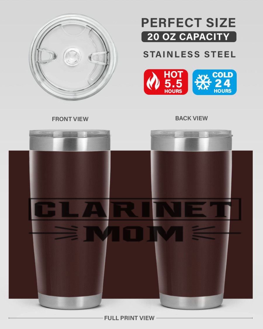 Clarinet Mom 20oz Tumbler featuring a stylish design, double wall vacuum insulation, and a drink-thru lid, perfect for music lovers.
