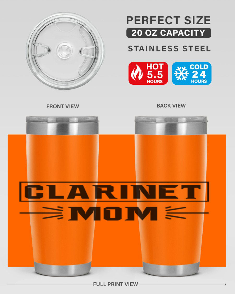 Clarinet Mom 20oz Tumbler featuring a stylish design, double wall vacuum insulation, and a drink-thru lid, perfect for music lovers.