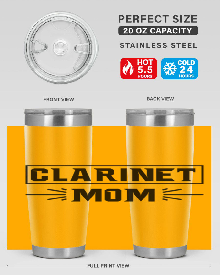 Clarinet Mom 20oz Tumbler featuring a stylish design, double wall vacuum insulation, and a drink-thru lid, perfect for music lovers.