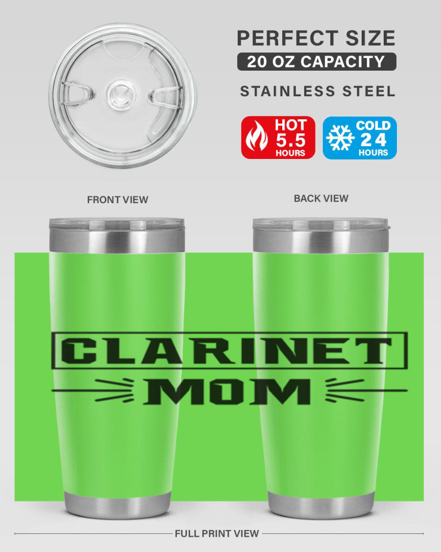 Clarinet Mom 20oz Tumbler featuring a stylish design, double wall vacuum insulation, and a drink-thru lid, perfect for music lovers.