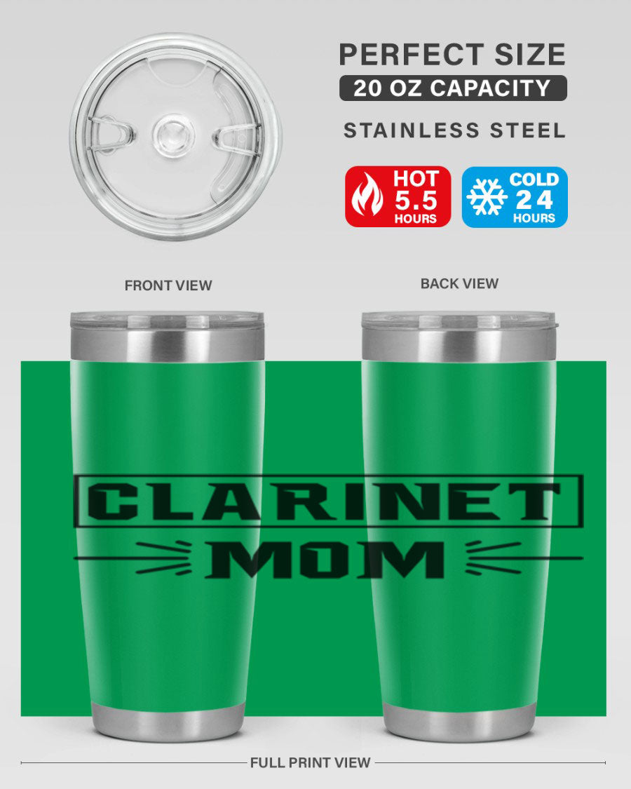 Clarinet Mom 20oz Tumbler featuring a stylish design, double wall vacuum insulation, and a drink-thru lid, perfect for music lovers.