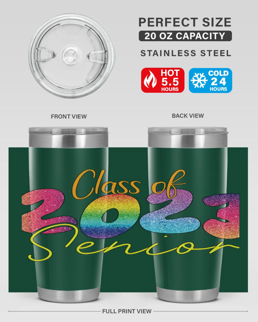 Class of 2024 senior tumbler in stainless steel with a vibrant design, showcasing its double wall vacuum insulation and drink-thru lid.