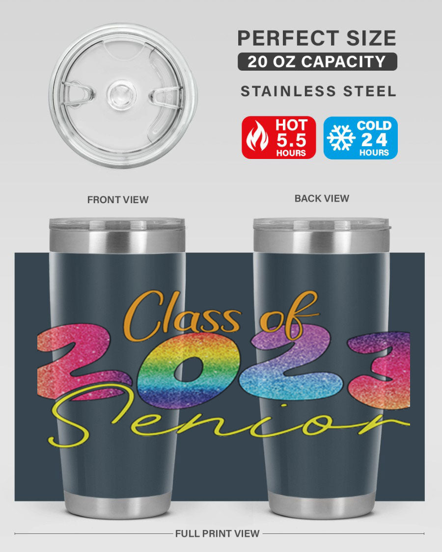 Class of 2024 senior tumbler in stainless steel with a vibrant design, showcasing its double wall vacuum insulation and drink-thru lid.