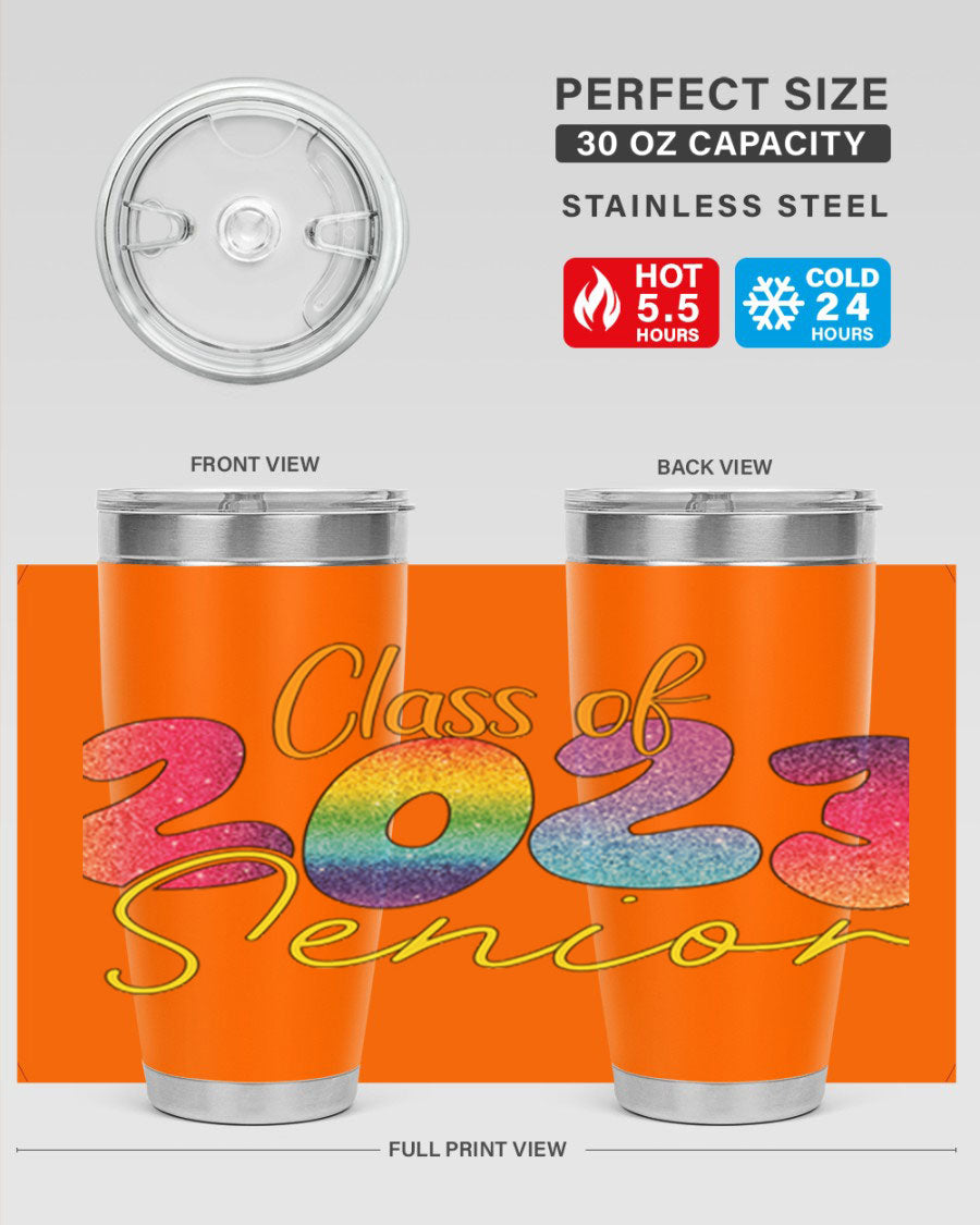 Class of 2024 senior tumbler in stainless steel with a vibrant design, showcasing its double wall vacuum insulation and drink-thru lid.