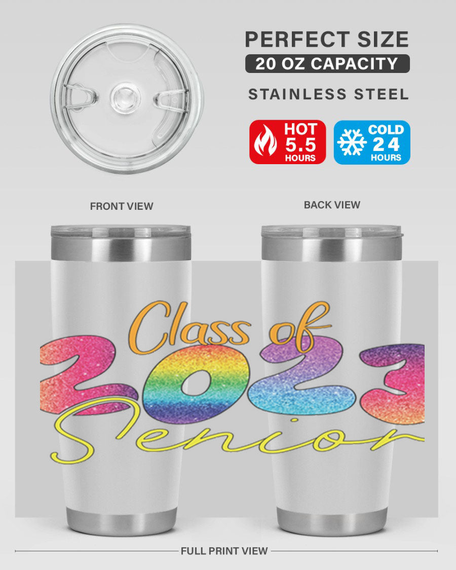 Class of 2024 senior tumbler in stainless steel with a vibrant design, showcasing its double wall vacuum insulation and drink-thru lid.