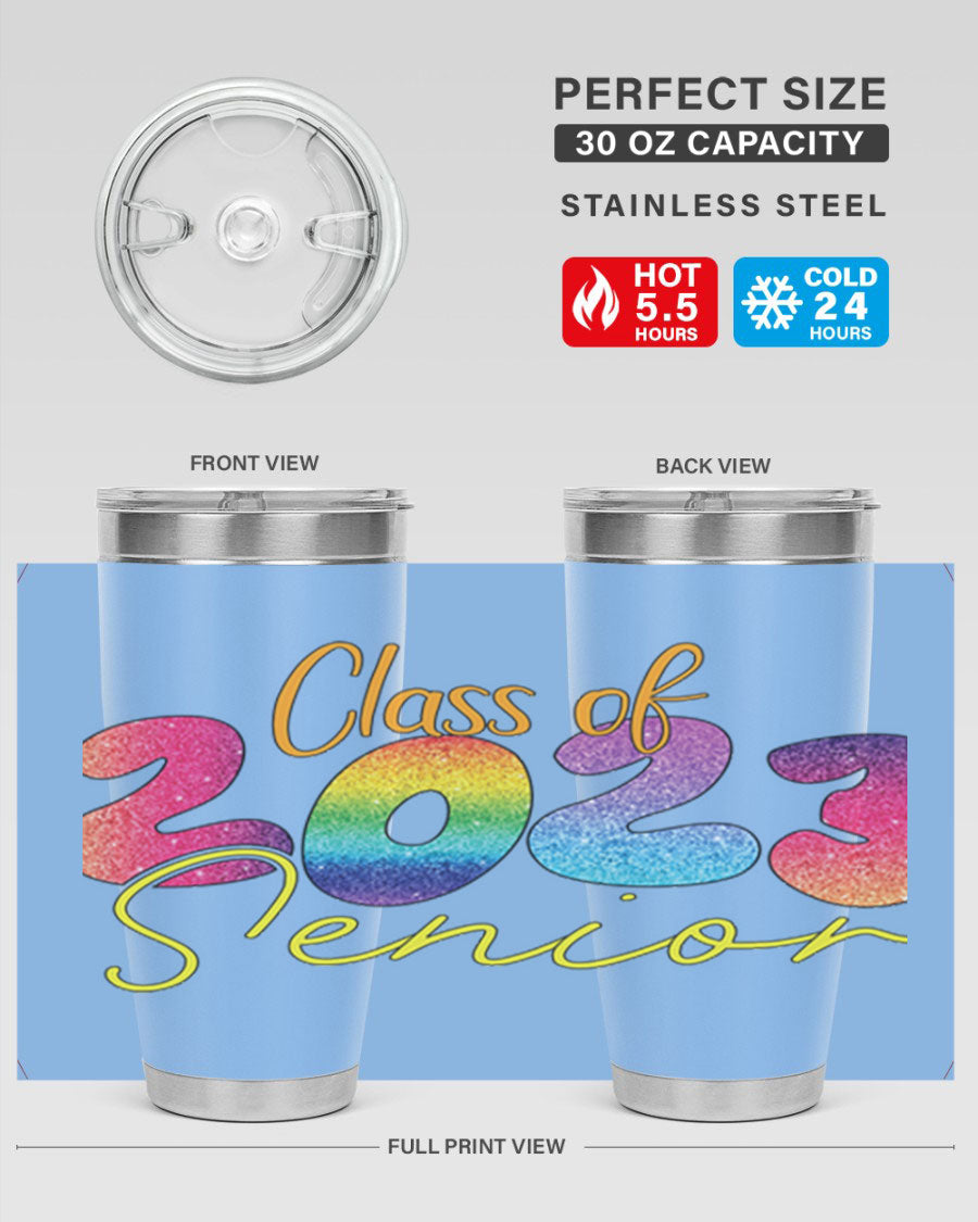 Class of 2024 senior tumbler in stainless steel with a vibrant design, showcasing its double wall vacuum insulation and drink-thru lid.