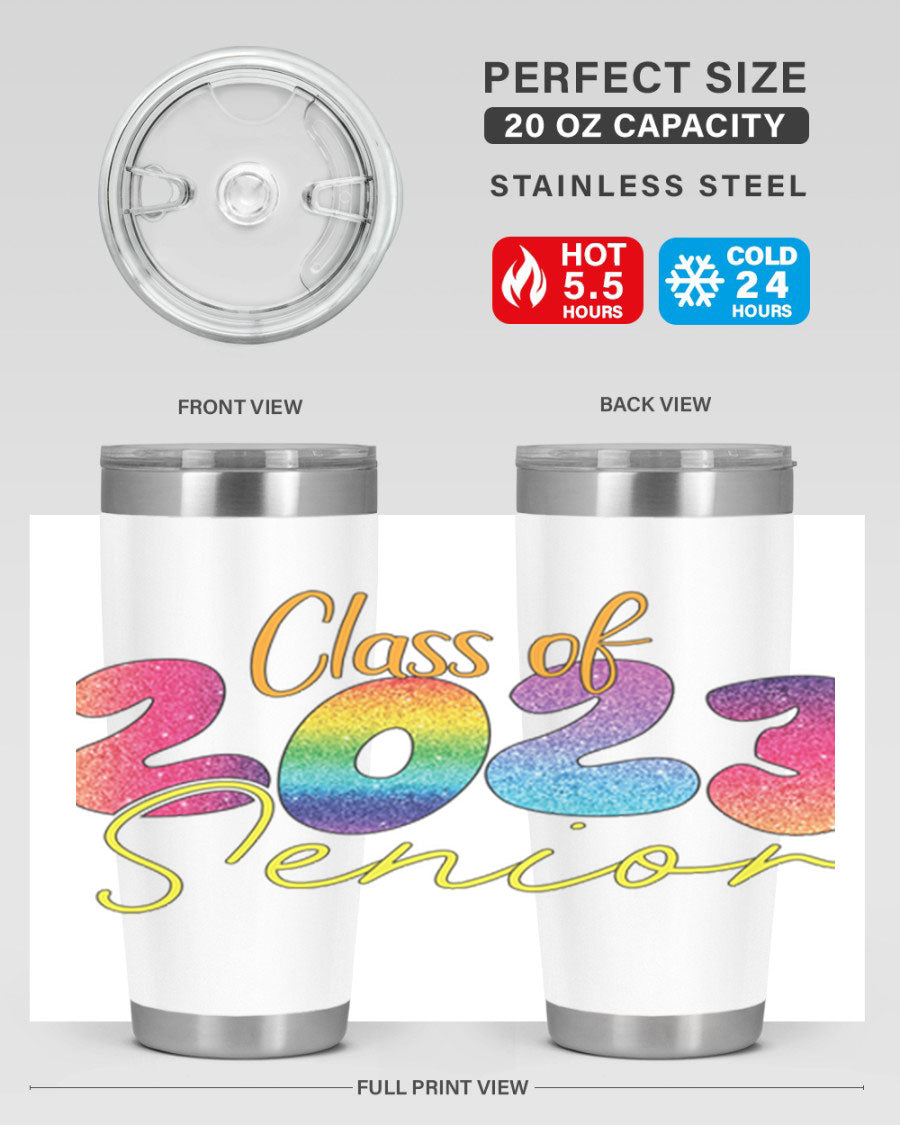 Class of 2024 senior tumbler in stainless steel with a vibrant design, showcasing its double wall vacuum insulation and drink-thru lid.