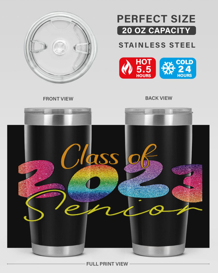 Class of 2024 senior tumbler in stainless steel with a vibrant design, showcasing its double wall vacuum insulation and drink-thru lid.