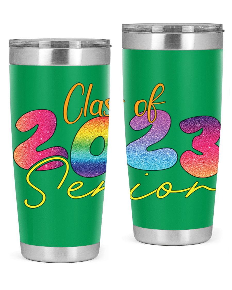 Class of 2024 senior tumbler in stainless steel with a vibrant design, showcasing its double wall vacuum insulation and drink-thru lid.