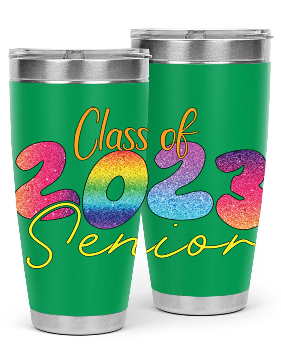 Class of 2024 senior tumbler in stainless steel with a vibrant design, showcasing its double wall vacuum insulation and drink-thru lid.