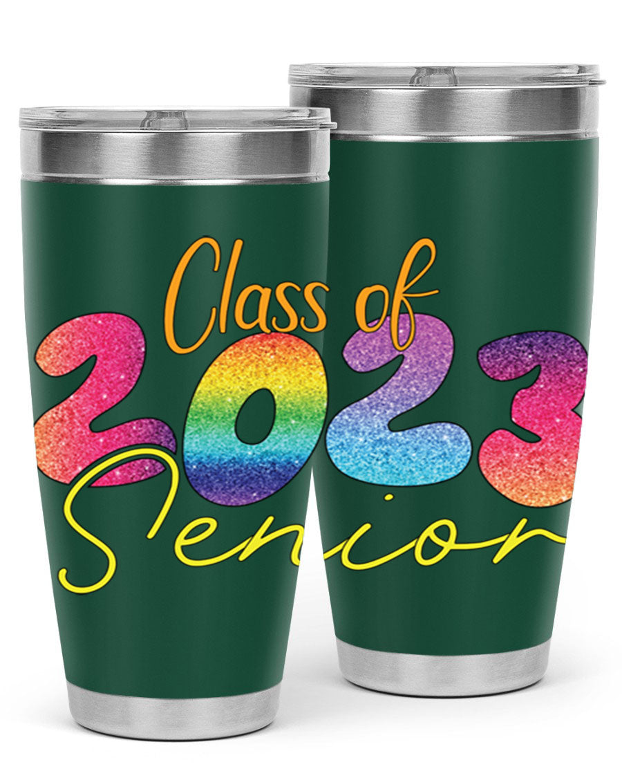 Class of 2024 senior tumbler in stainless steel with a vibrant design, showcasing its double wall vacuum insulation and drink-thru lid.