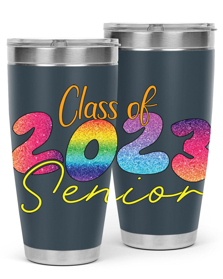 Class of 2024 senior tumbler in stainless steel with a vibrant design, showcasing its double wall vacuum insulation and drink-thru lid.