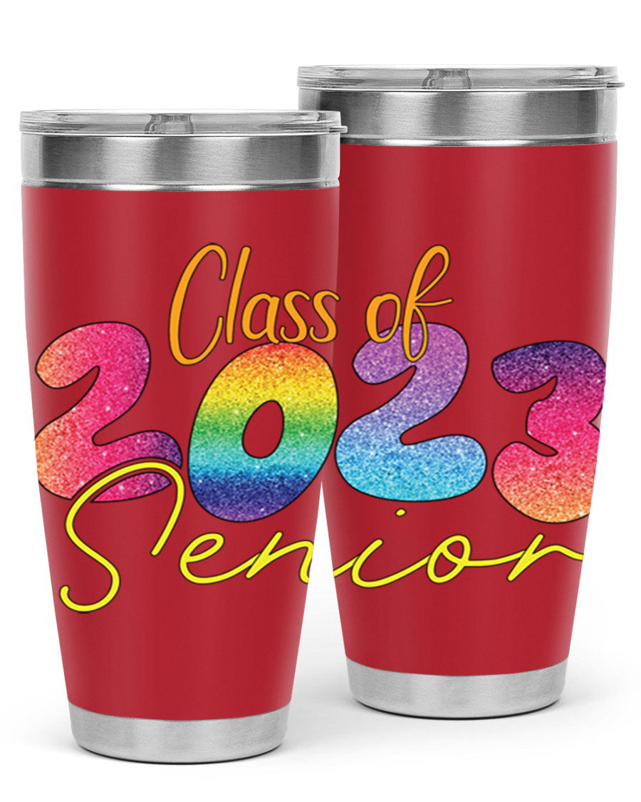 Class of 2024 senior tumbler in stainless steel with a vibrant design, showcasing its double wall vacuum insulation and drink-thru lid.