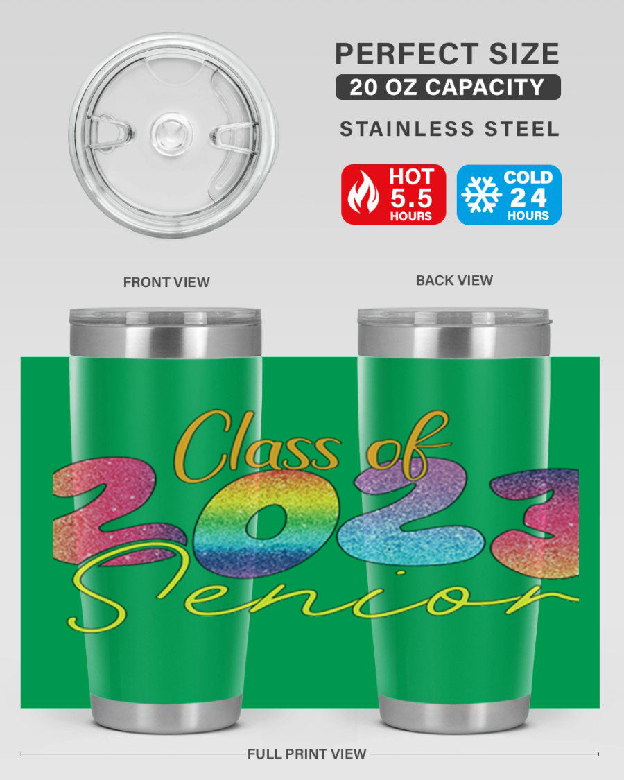 Class of 2024 senior tumbler in stainless steel with a vibrant design, showcasing its double wall vacuum insulation and drink-thru lid.