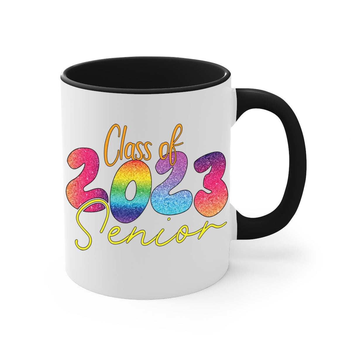 Class of 2024 senior mug with a glossy finish, featuring a colored handle and interior, available in multiple colors.