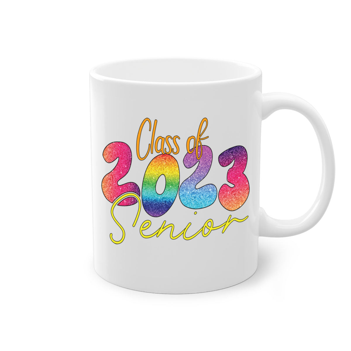 Class of 2024 senior mug with a glossy finish, featuring a colored handle and interior, available in multiple colors.