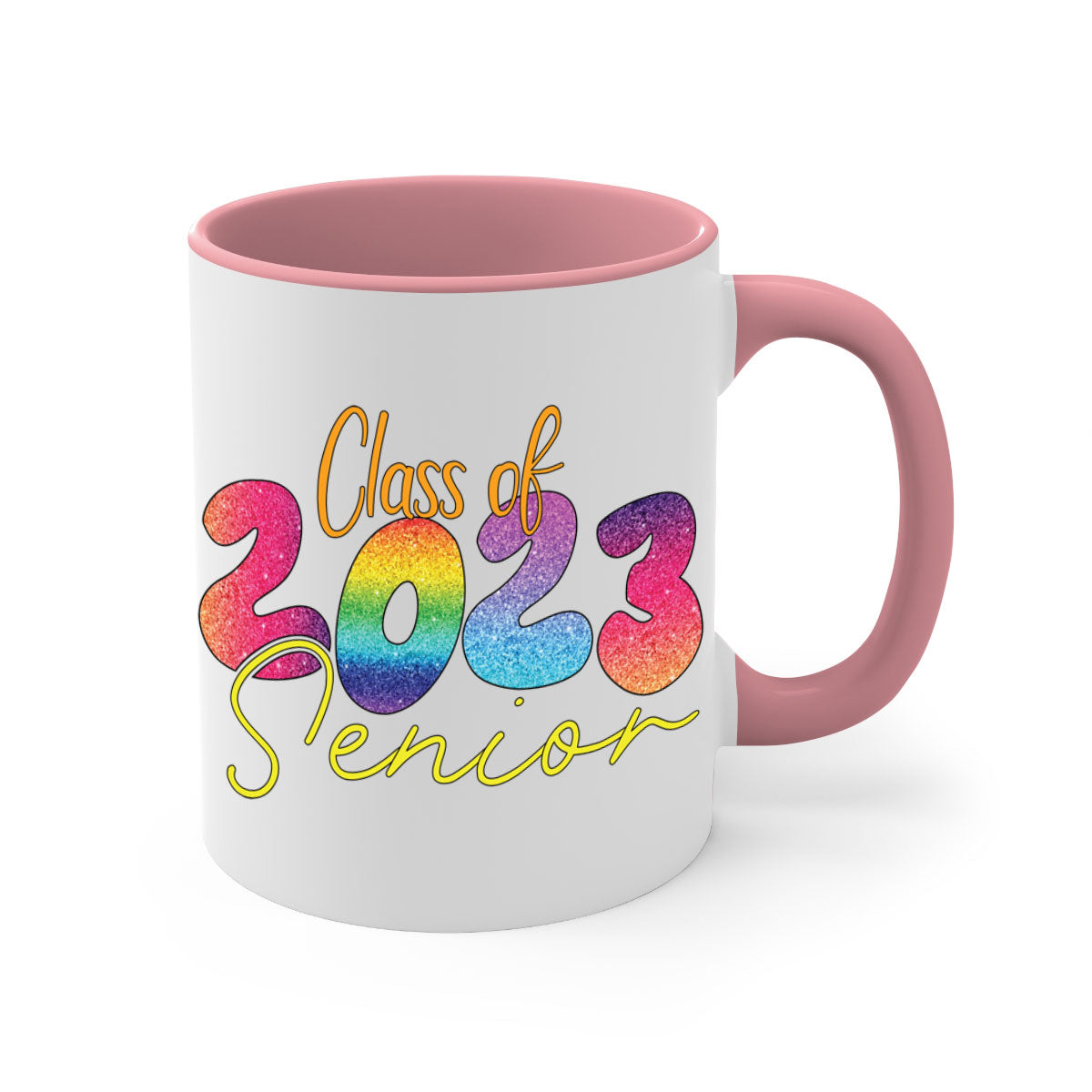 Class of 2024 senior mug with a glossy finish, featuring a colored handle and interior, available in multiple colors.
