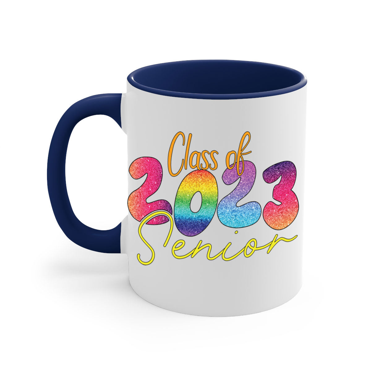 Class of 2024 senior mug with a glossy finish, featuring a colored handle and interior, available in multiple colors.