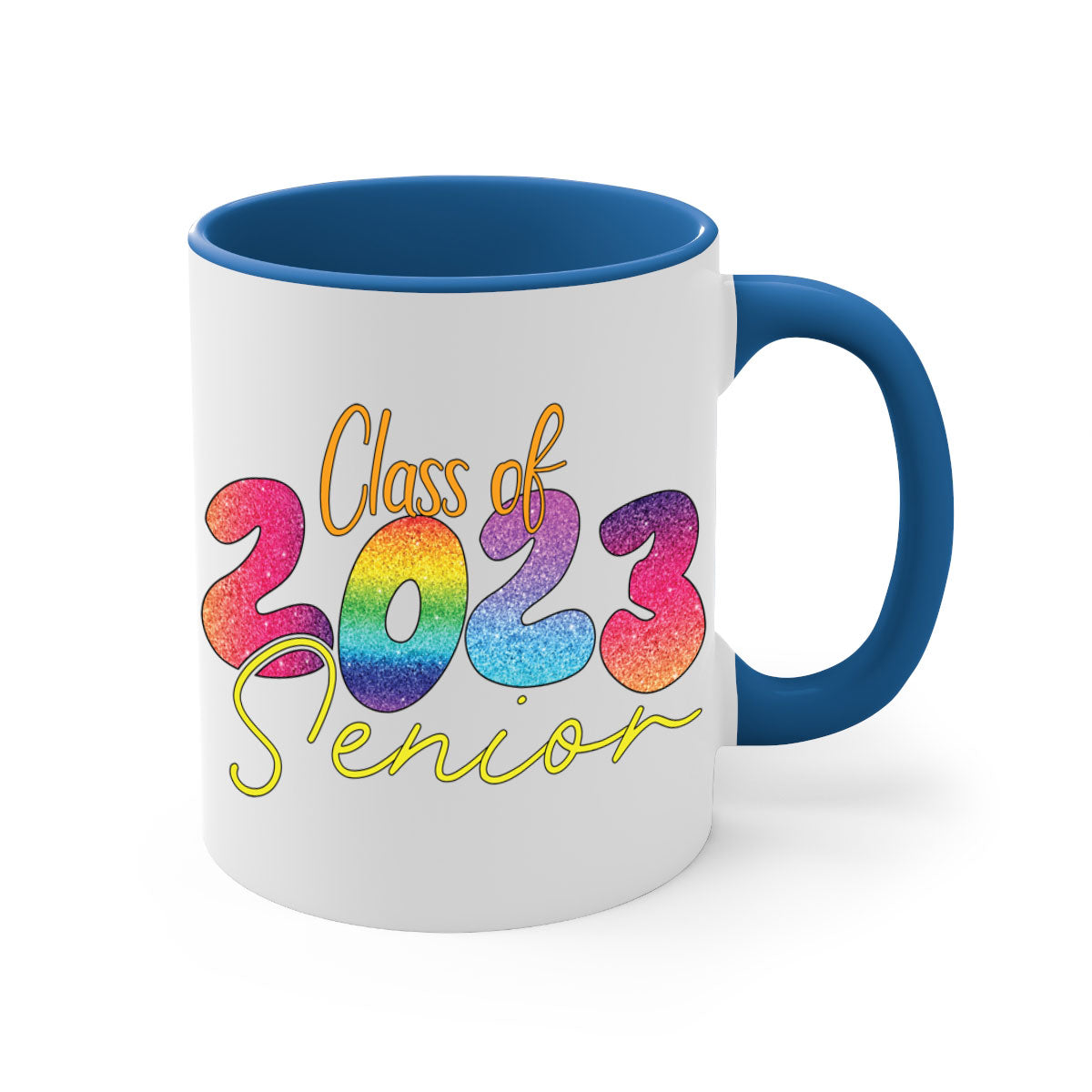Class of 2024 senior mug with a glossy finish, featuring a colored handle and interior, available in multiple colors.