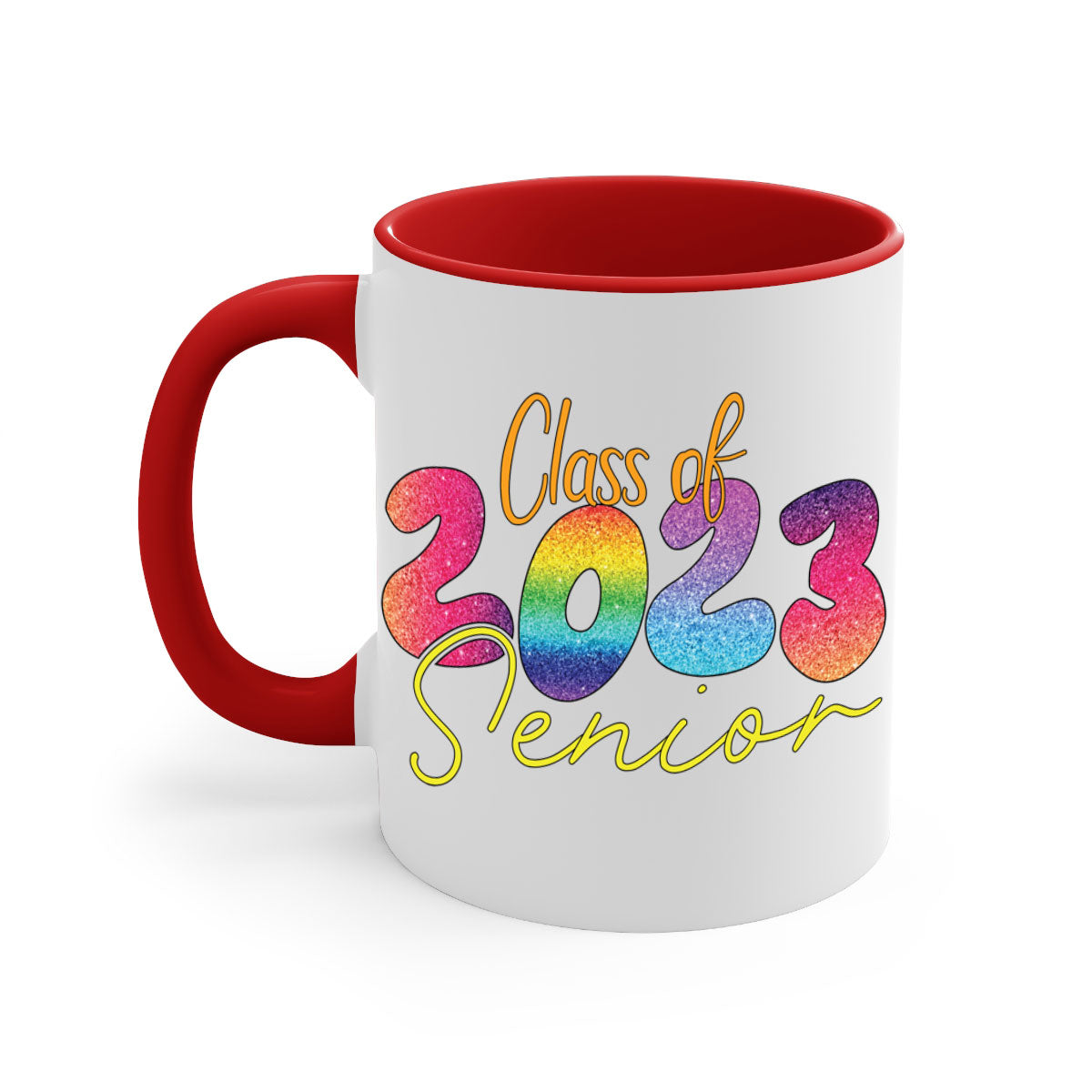 Class of 2024 senior mug with a glossy finish, featuring a colored handle and interior, available in multiple colors.
