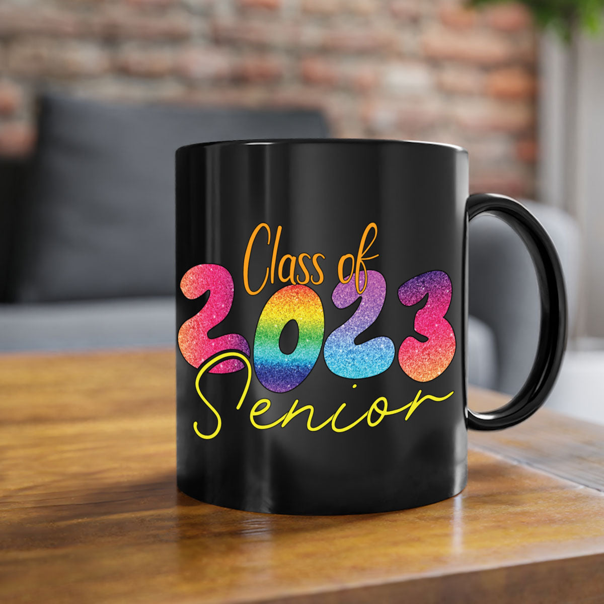 Class of 2024 senior mug with a glossy finish, featuring a colored handle and interior, available in multiple colors.