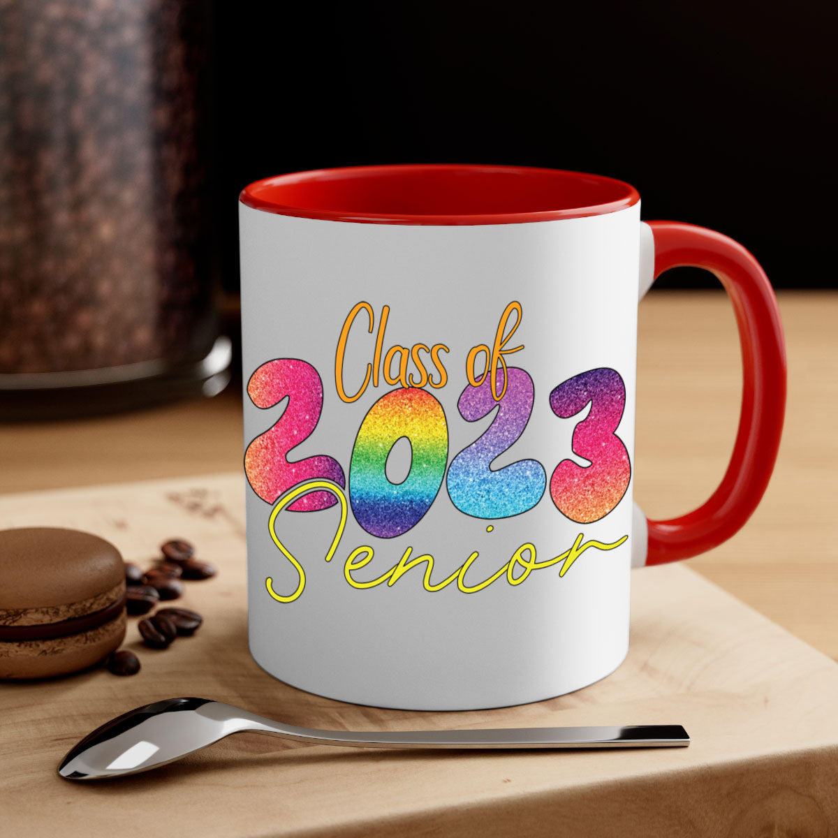 Class of 2024 senior mug with a glossy finish, featuring a colored handle and interior, available in multiple colors.