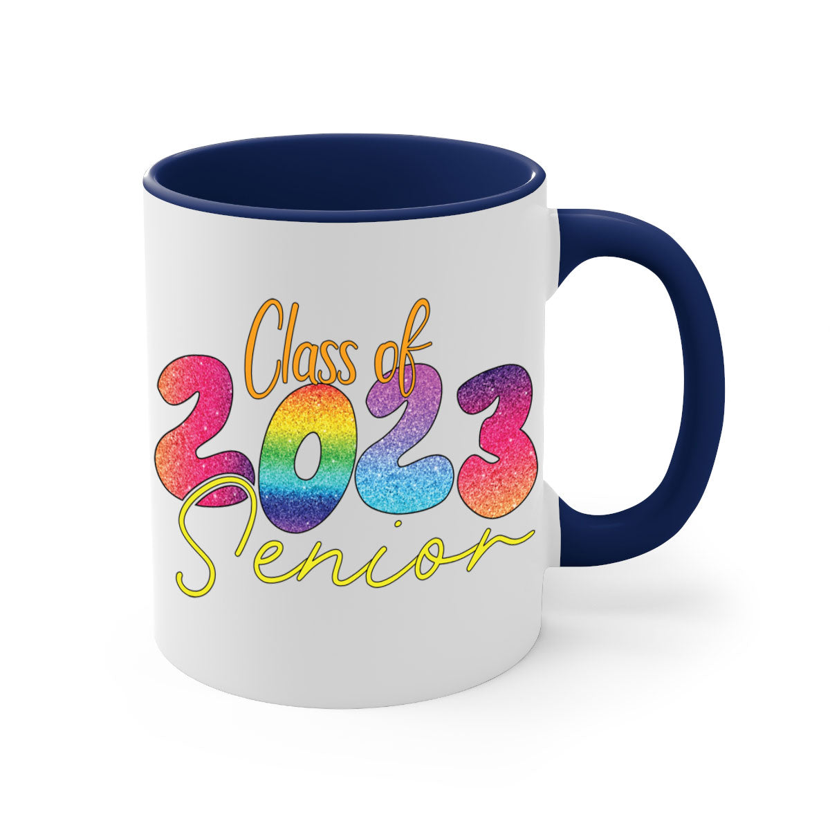 Class of 2024 senior mug with a glossy finish, featuring a colored handle and interior, available in multiple colors.