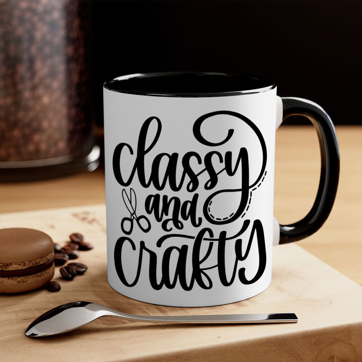 Classy And Crafty 43# Mug featuring a glossy finish, colorful handle, and interior, available in two sizes.