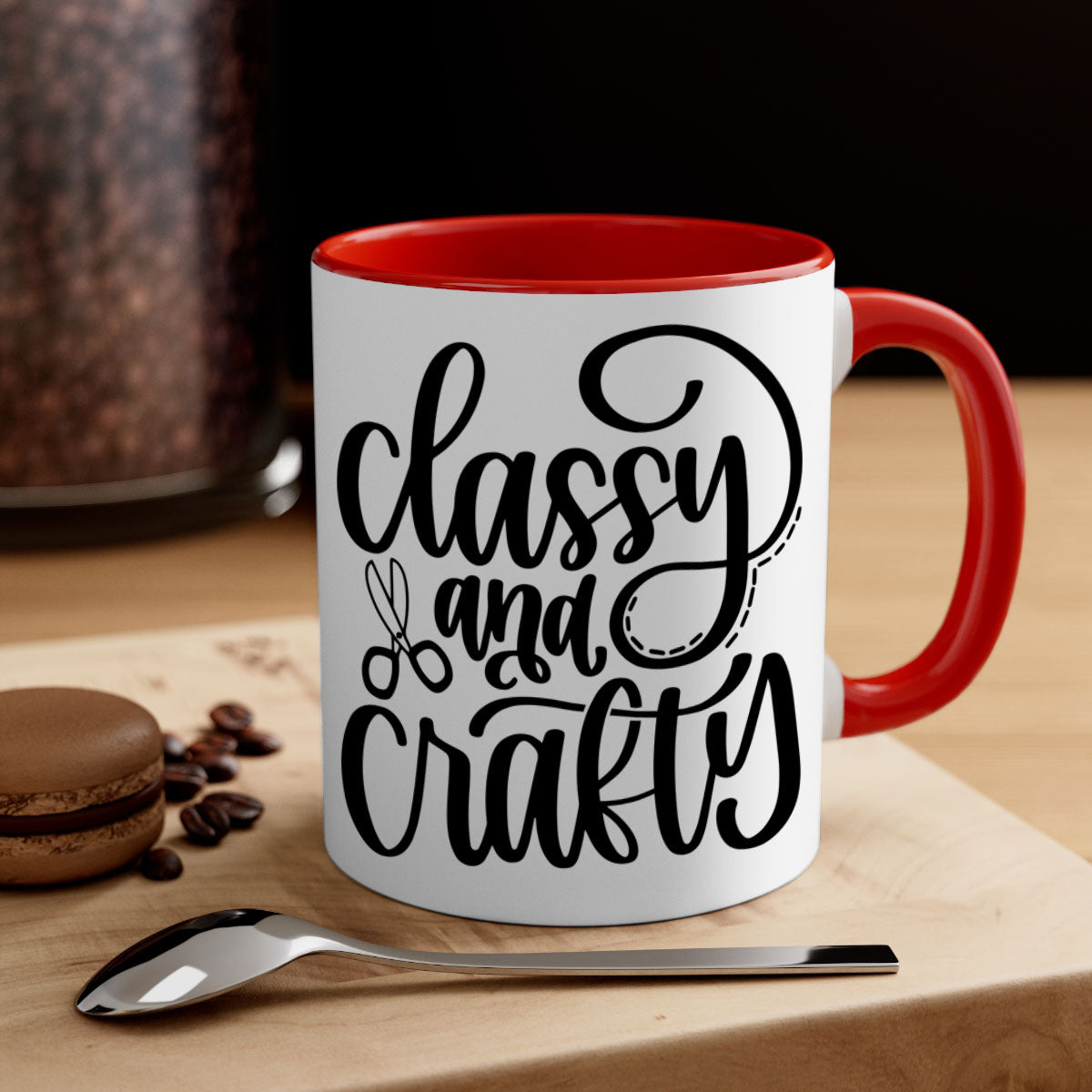 Classy And Crafty 43# Mug featuring a glossy finish, colorful handle, and interior, available in two sizes.