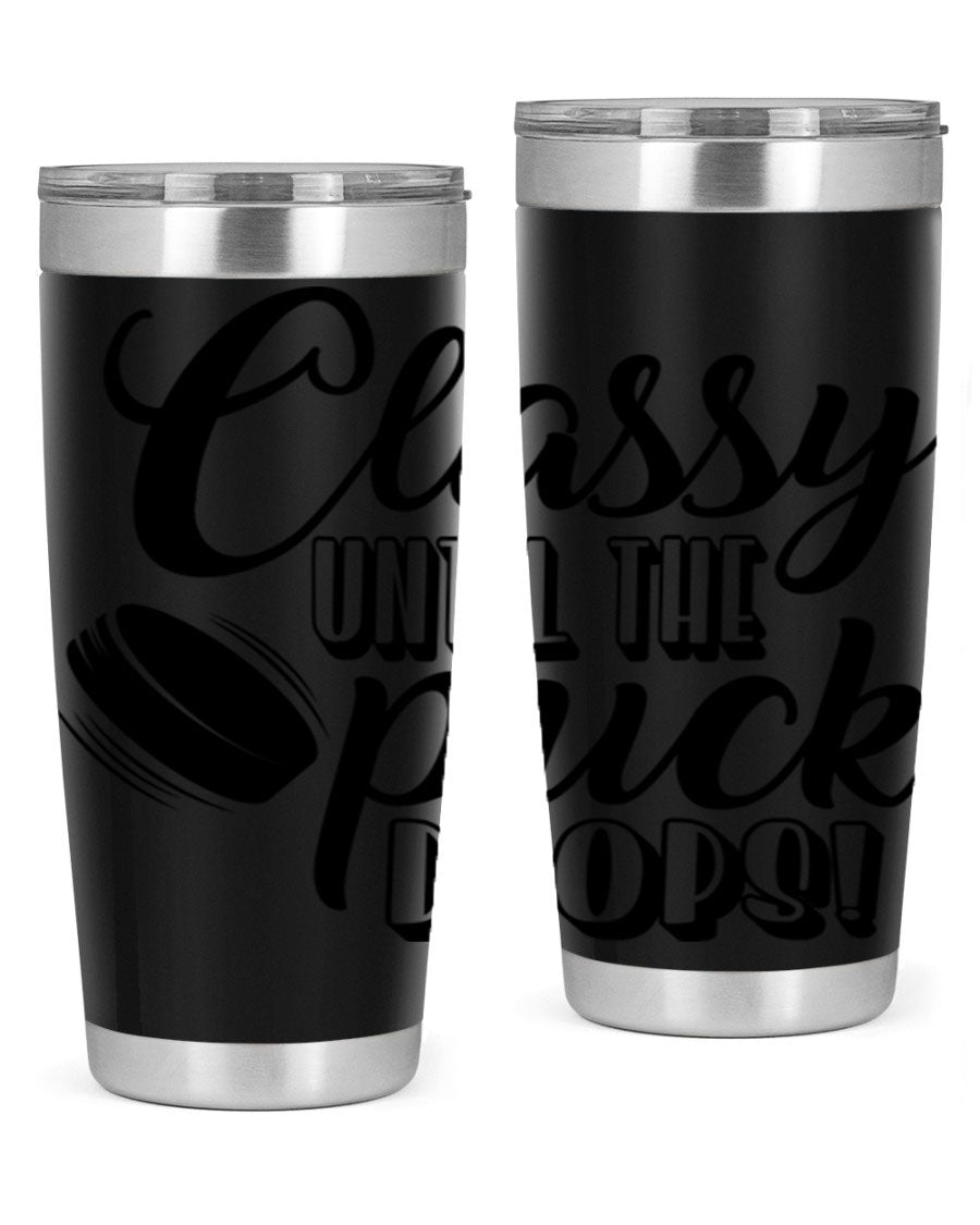 Classy until puck drops 1377# hockey tumbler in stainless steel with a sleek design, perfect for hot and cold beverages.
