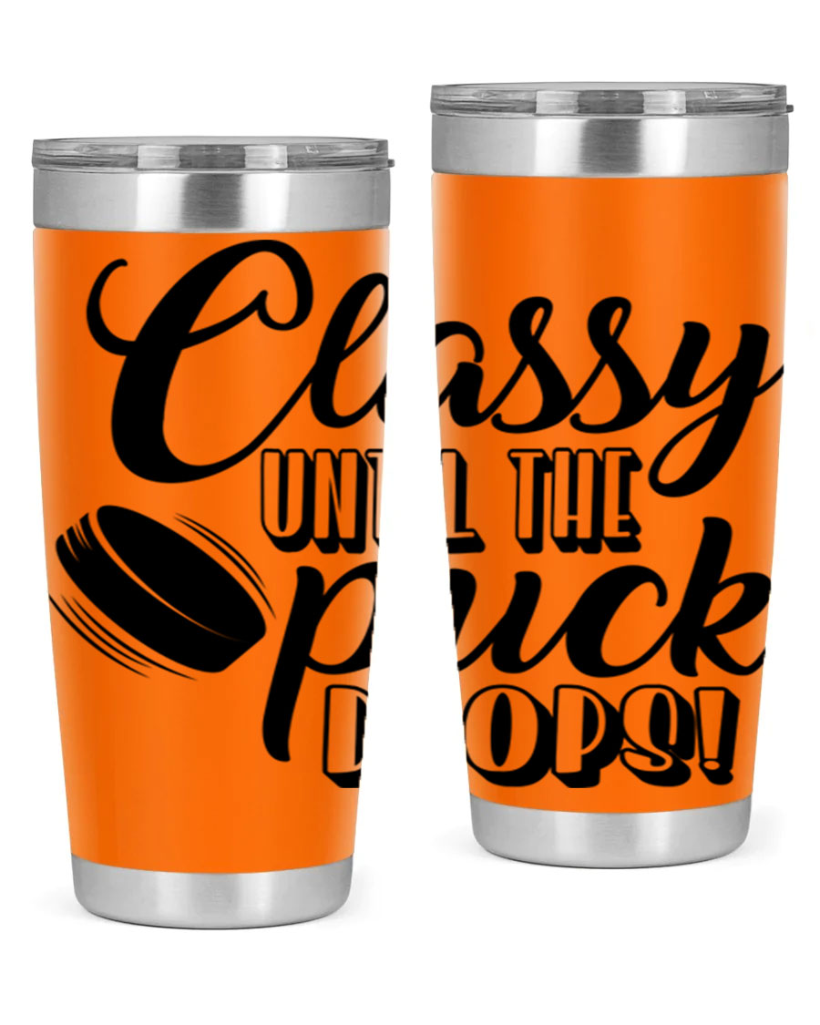Classy until puck drops 1377# hockey tumbler in stainless steel with a sleek design, perfect for hot and cold beverages.