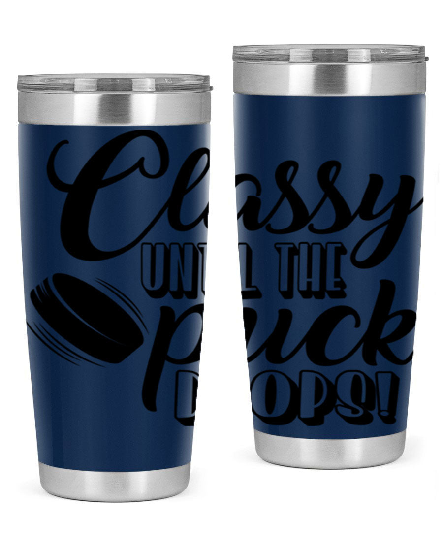 Classy until puck drops 1377# hockey tumbler in stainless steel with a sleek design, perfect for hot and cold beverages.