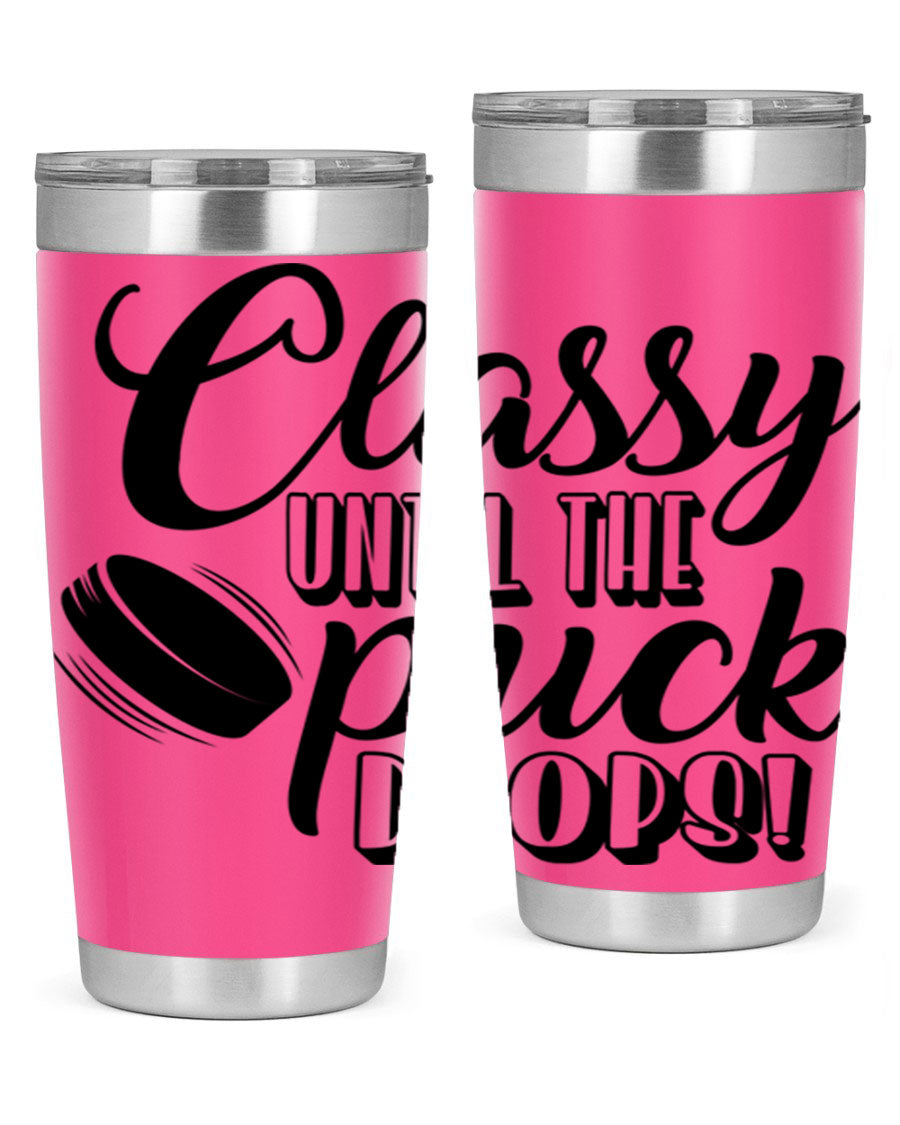 Classy until puck drops 1377# hockey tumbler in stainless steel with a sleek design, perfect for hot and cold beverages.