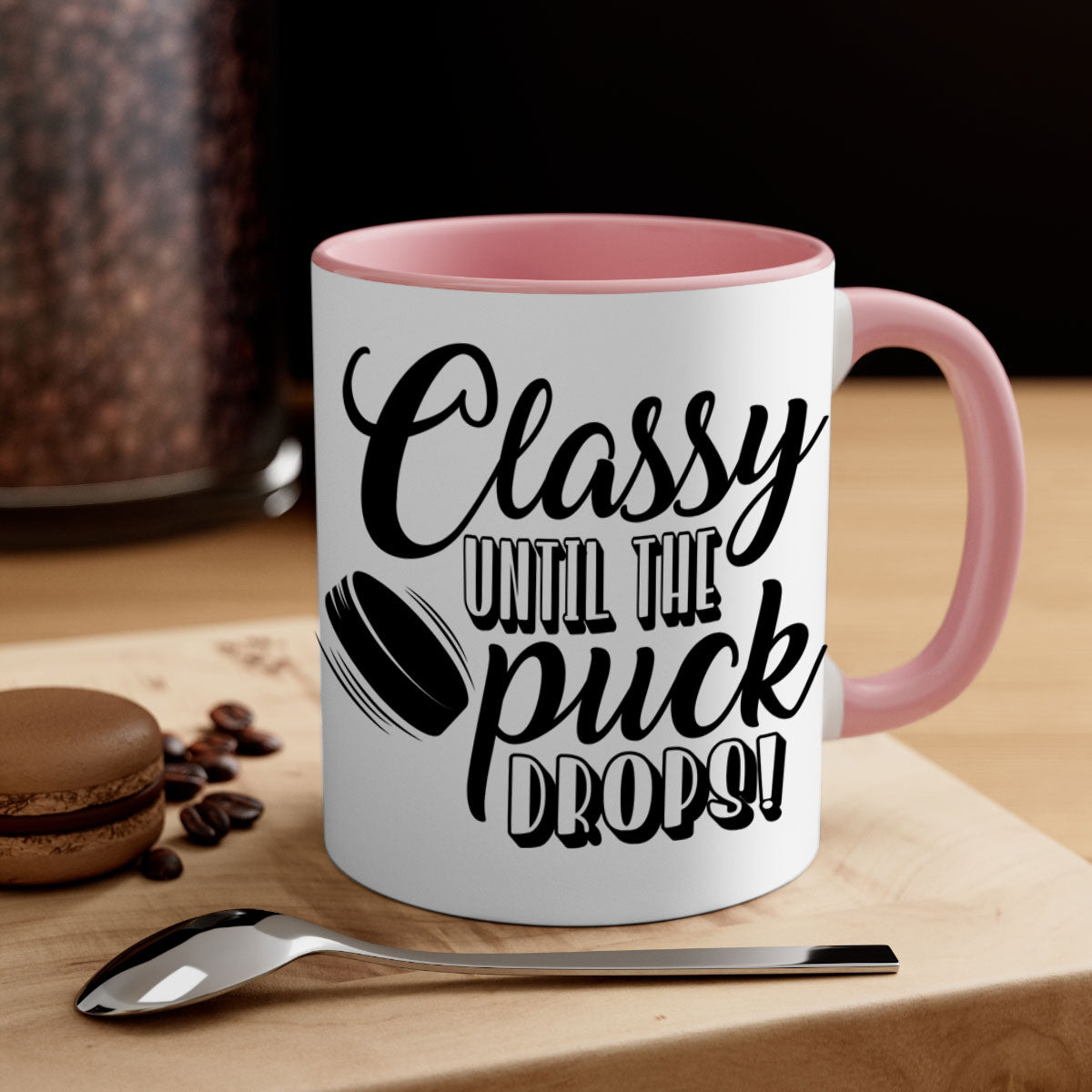 Classy until puck drops hockey mug with a glossy finish, featuring a colored handle and interior, available in multiple colors.