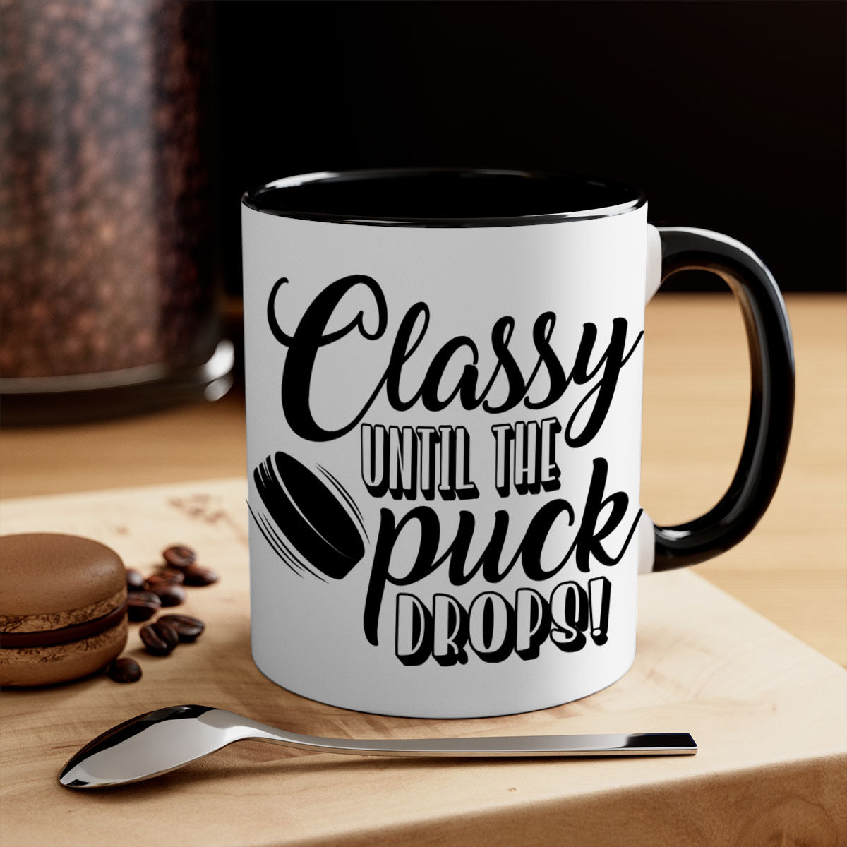 Classy until puck drops hockey mug with a glossy finish, featuring a colored handle and interior, available in multiple colors.