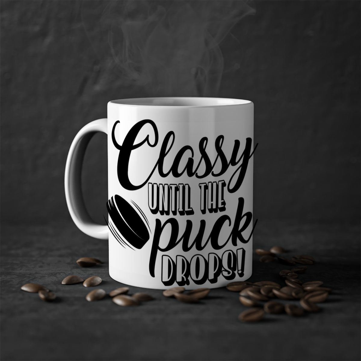 Classy until puck drops hockey mug with a glossy finish, featuring a colored handle and interior, available in multiple colors.