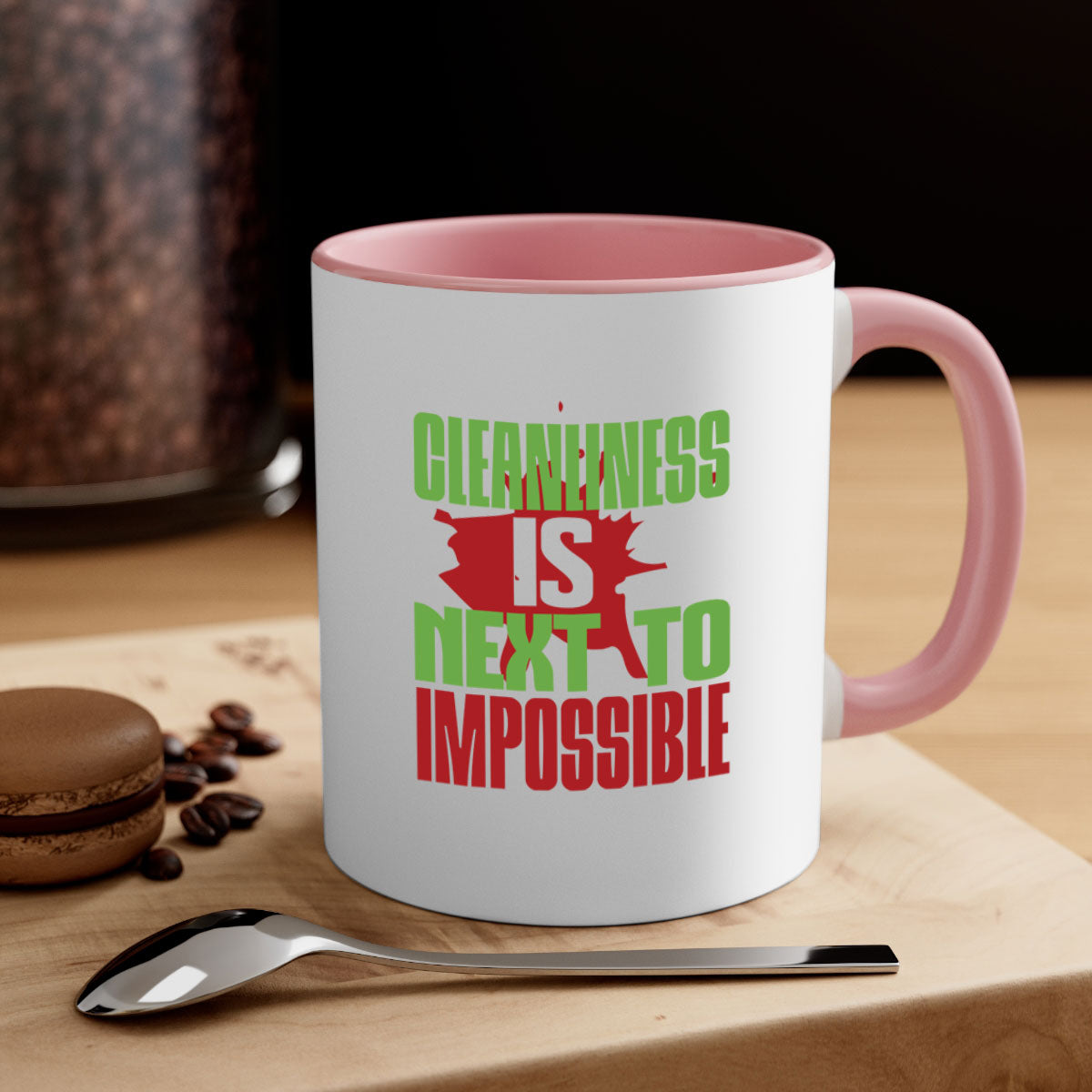 Cleanliness is Next to Impossible Style 44# Mug with two-tone design, available in five colors, featuring a glossy finish and easy-grip handle.