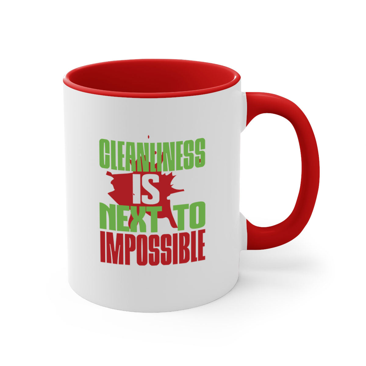 Cleanliness is Next to Impossible Style 44# Mug with two-tone design, available in five colors, featuring a glossy finish and easy-grip handle.