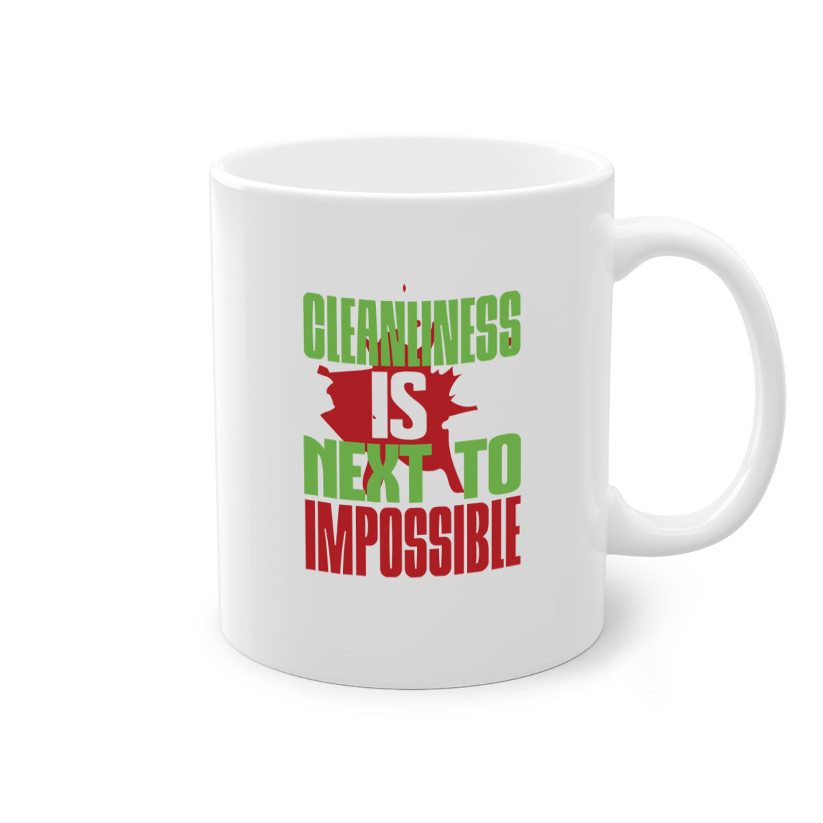 Cleanliness is Next to Impossible Style 44# Mug with two-tone design, available in five colors, featuring a glossy finish and easy-grip handle.