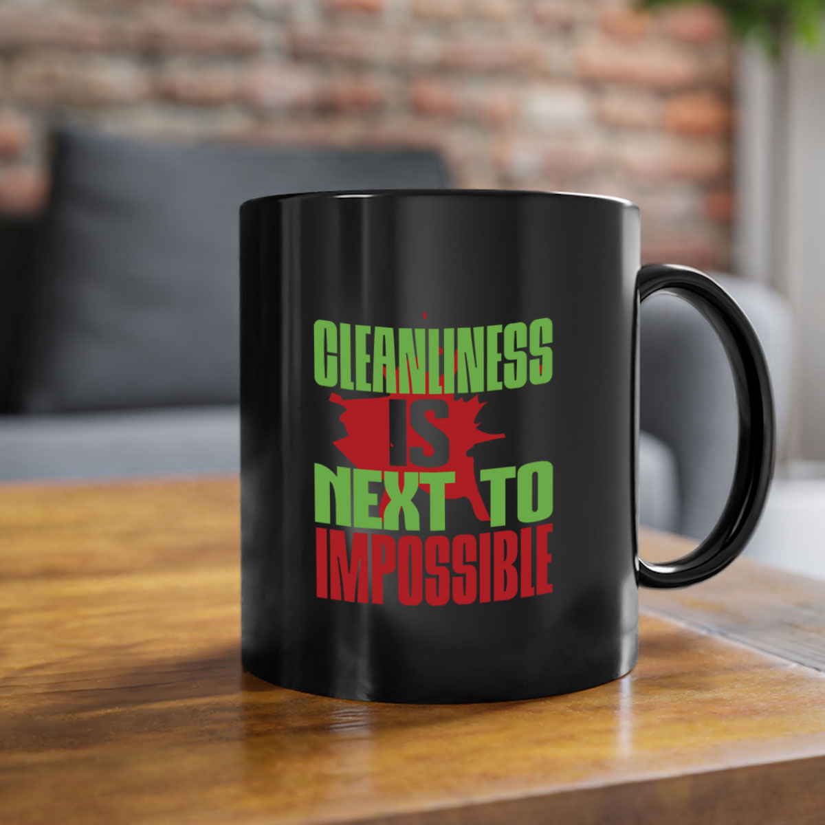Cleanliness is Next to Impossible Style 44# Mug with two-tone design, available in five colors, featuring a glossy finish and easy-grip handle.