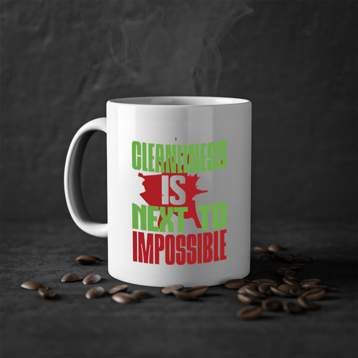 Cleanliness is Next to Impossible Style 44# Mug with two-tone design, available in five colors, featuring a glossy finish and easy-grip handle.