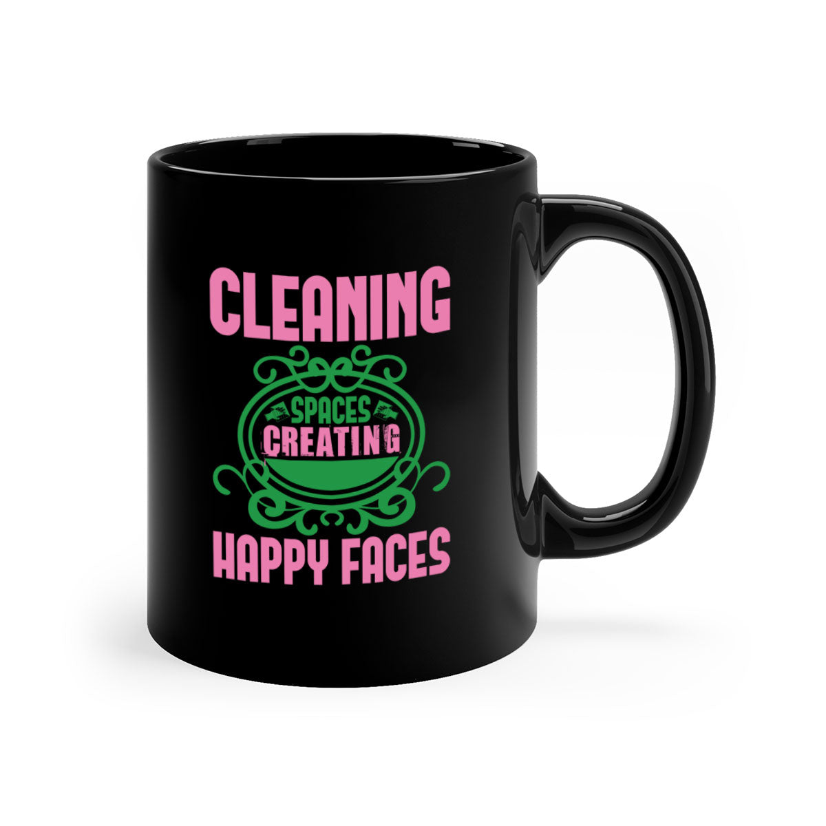 Cleaning spaces creating happy faces Style 41# Mug with a glossy finish, featuring a colored handle and interior, available in multiple colors.