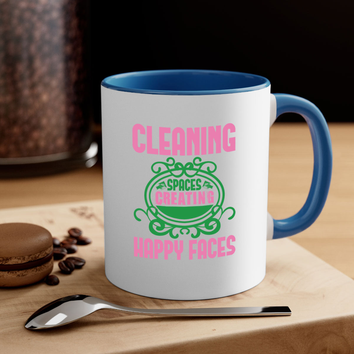 Cleaning spaces creating happy faces Style 41# Mug with a glossy finish, featuring a colored handle and interior, available in multiple colors.
