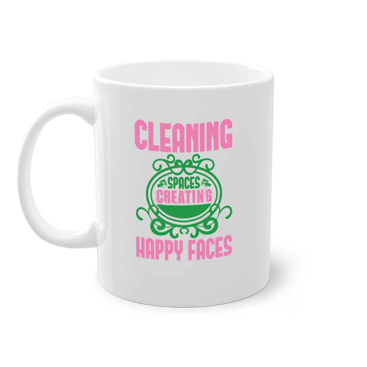 Cleaning spaces creating happy faces Style 41# Mug with a glossy finish, featuring a colored handle and interior, available in multiple colors.