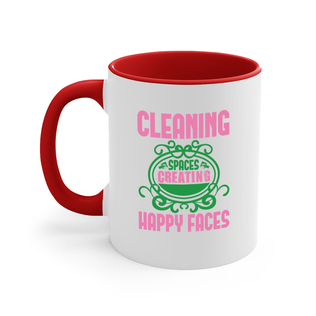 Cleaning spaces creating happy faces Style 41# Mug with a glossy finish, featuring a colored handle and interior, available in multiple colors.